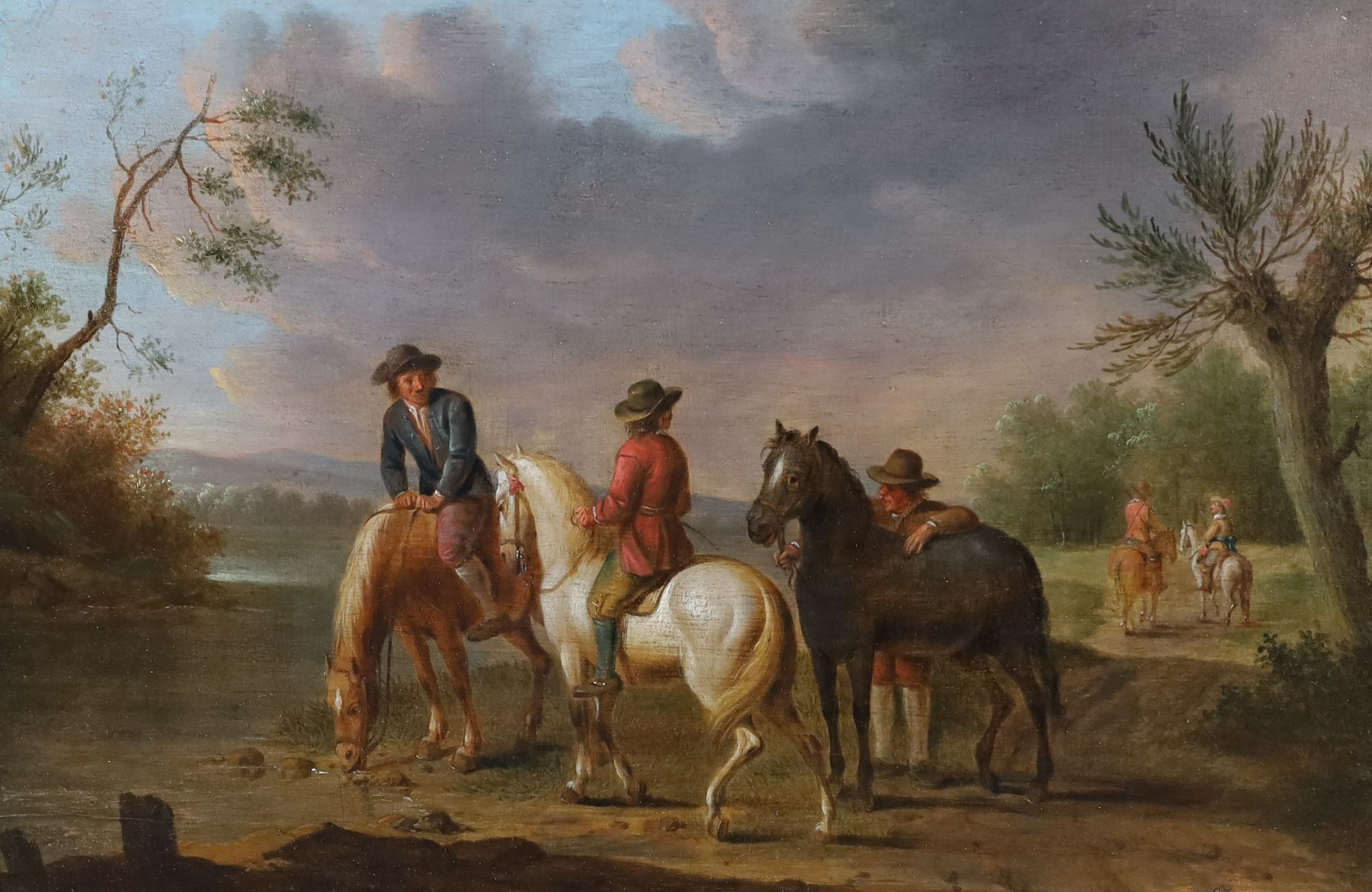 17th Century Flemish School, Horse riders in a landscape, oil on wooden panel, 24 x 36cm